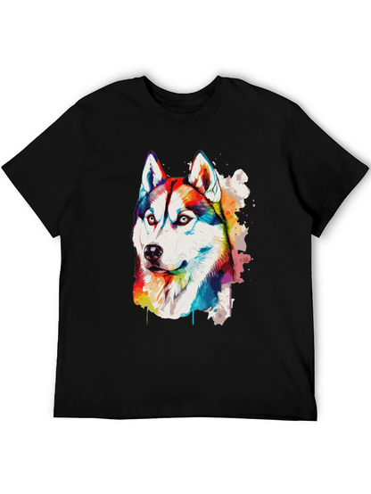 Rainbow Husky Dog Graphic Black T-Shirt