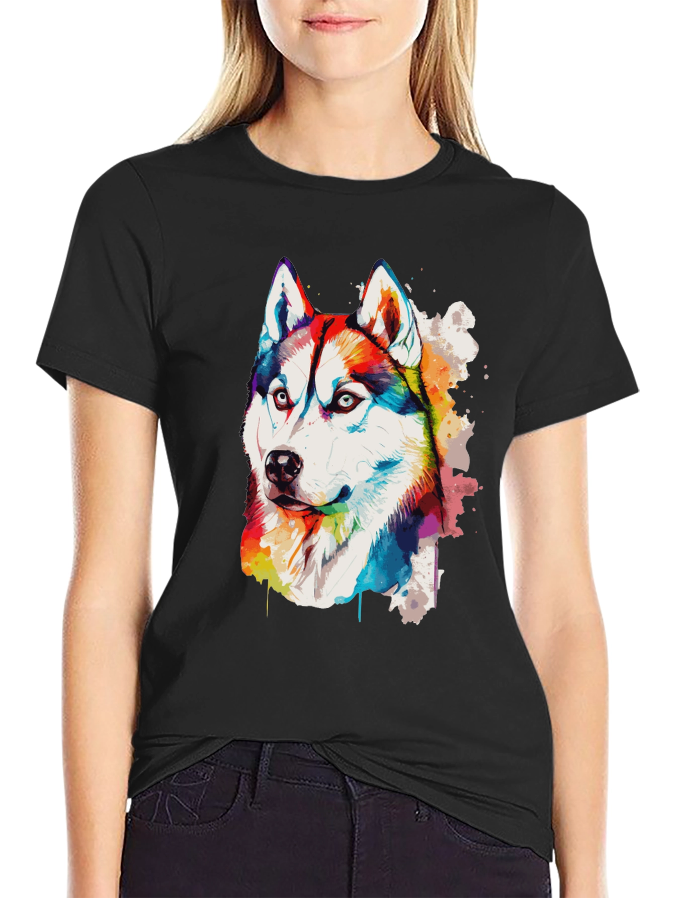 Rainbow Husky Dog Graphic Black T-Shirt