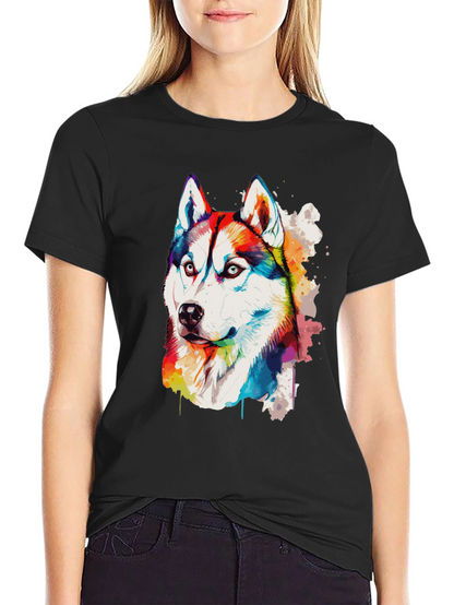 Rainbow Husky Dog Graphic Black T-Shirt