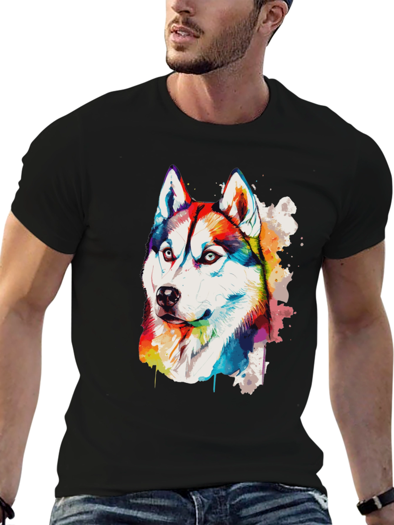 Rainbow Husky Dog Graphic Black T-Shirt