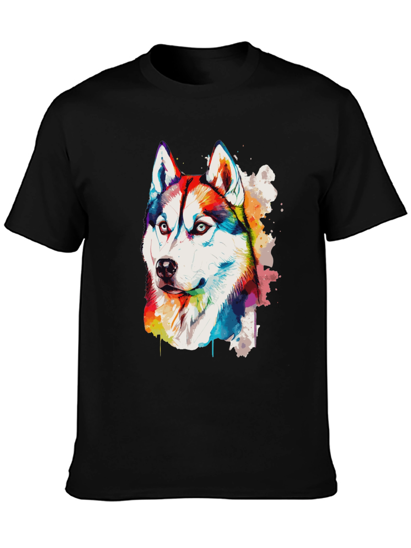 Rainbow Husky Dog Graphic Black T-Shirt
