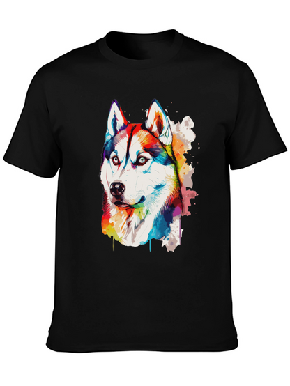 Rainbow Husky Dog Graphic Black T-Shirt