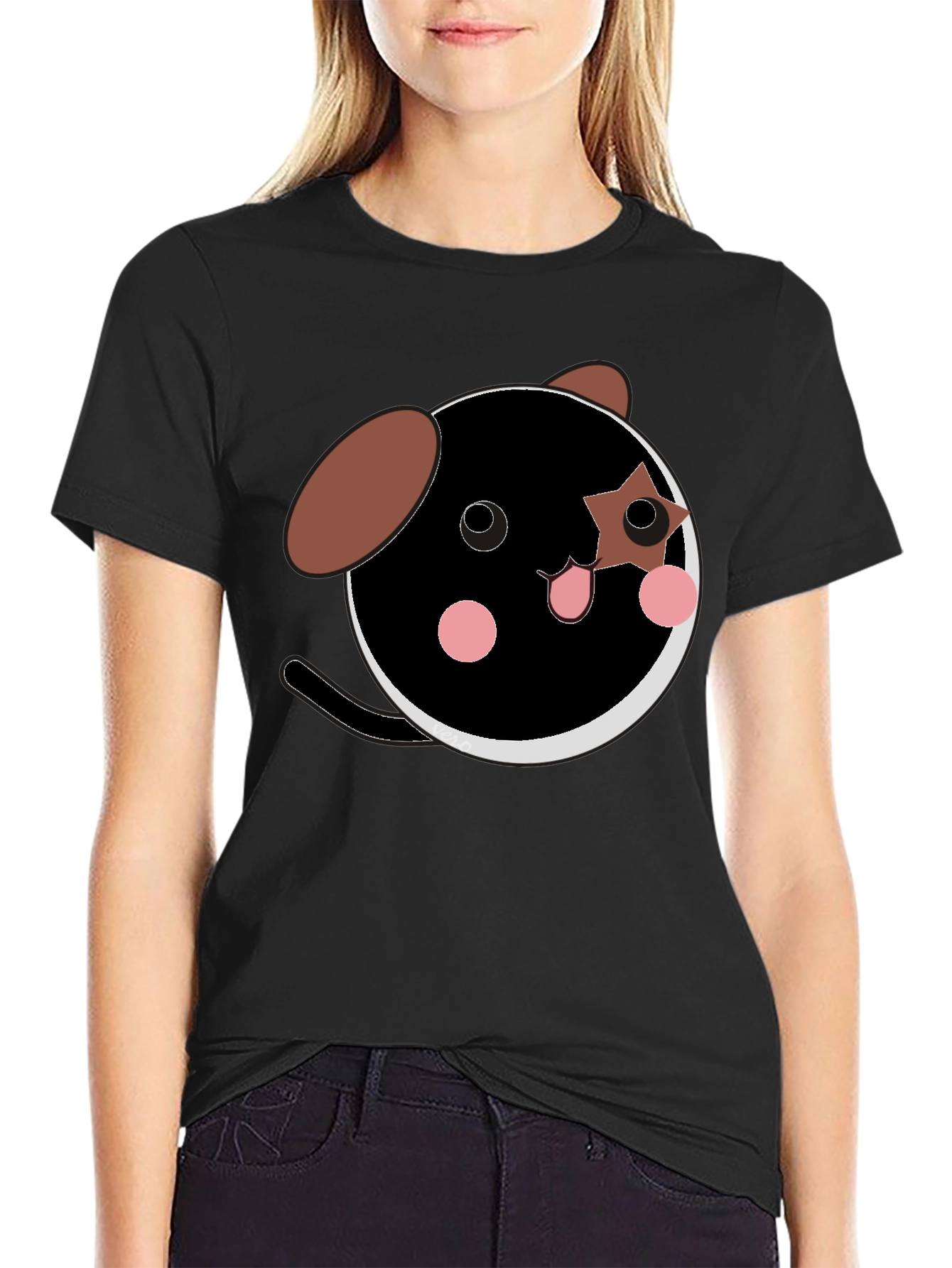Cute Cartoon Dog Graphic Black T-Shirt