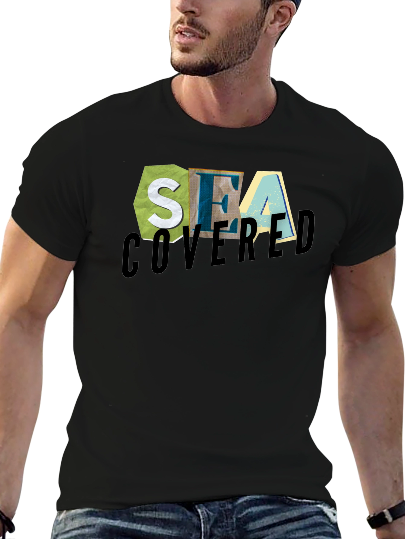 Sea Covered Graphic Print Black T-Shirt