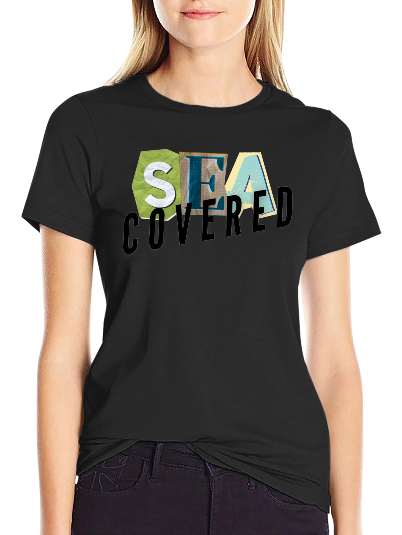 Sea Covered Graphic Print Black T-Shirt