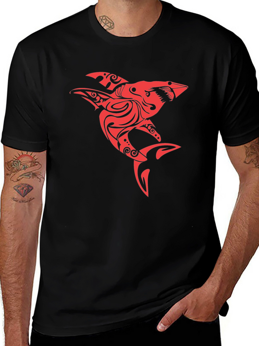 Red Tribal Shark Graphic Tee - Black Cotton Blend