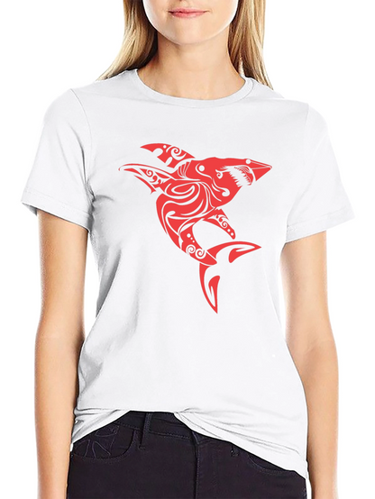 Red Tribal Shark Graphic Tee - Black Cotton Blend