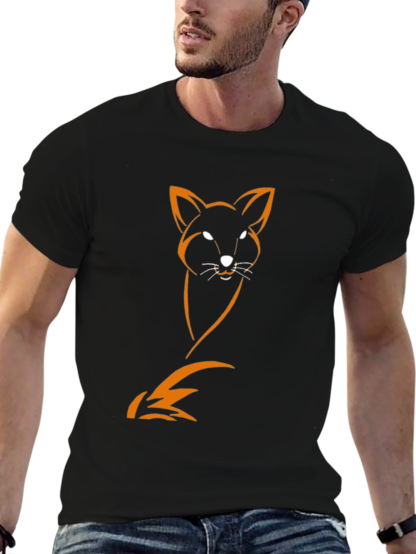 Mens Black T-Shirt with Orange Fox Design
