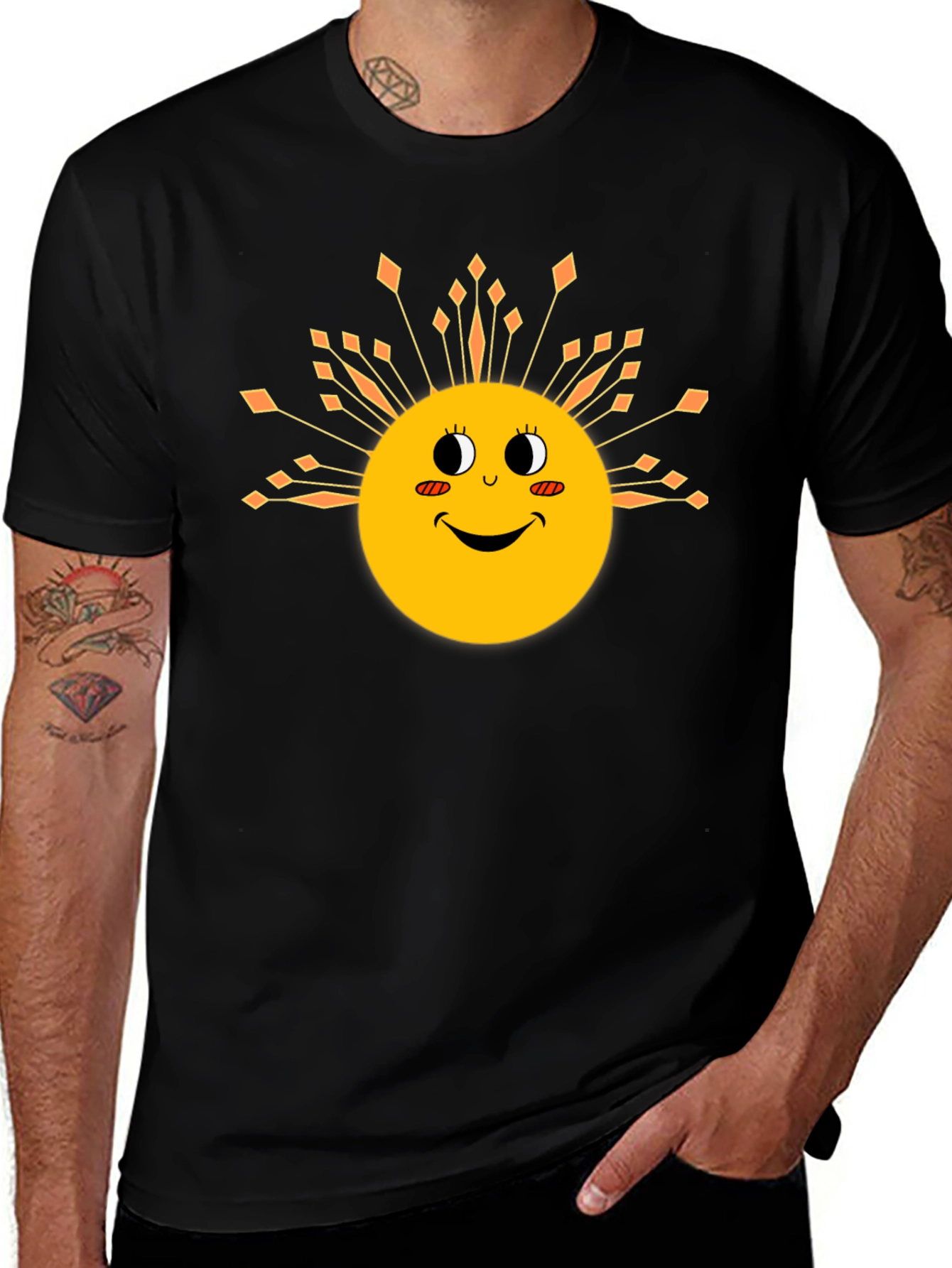 Smiling Sun Graphic Tee - Black Cotton Blend T-Shirt