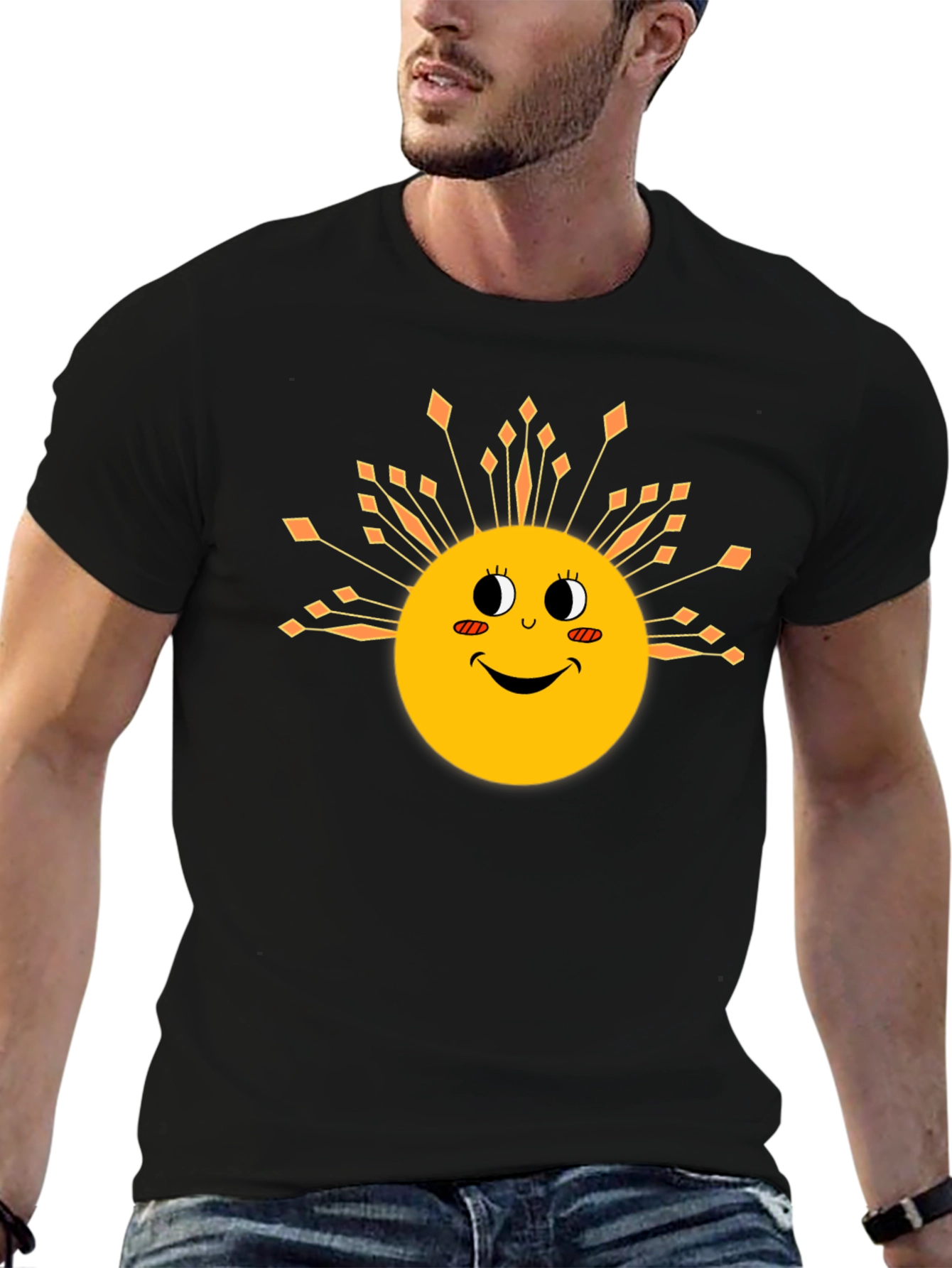 Smiling Sun Graphic Tee - Black Cotton Blend T-Shirt