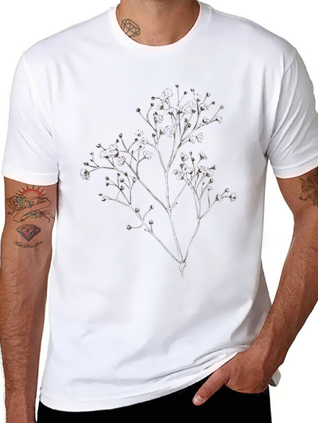 Mens Black T-Shirt with Botanical Branch Design