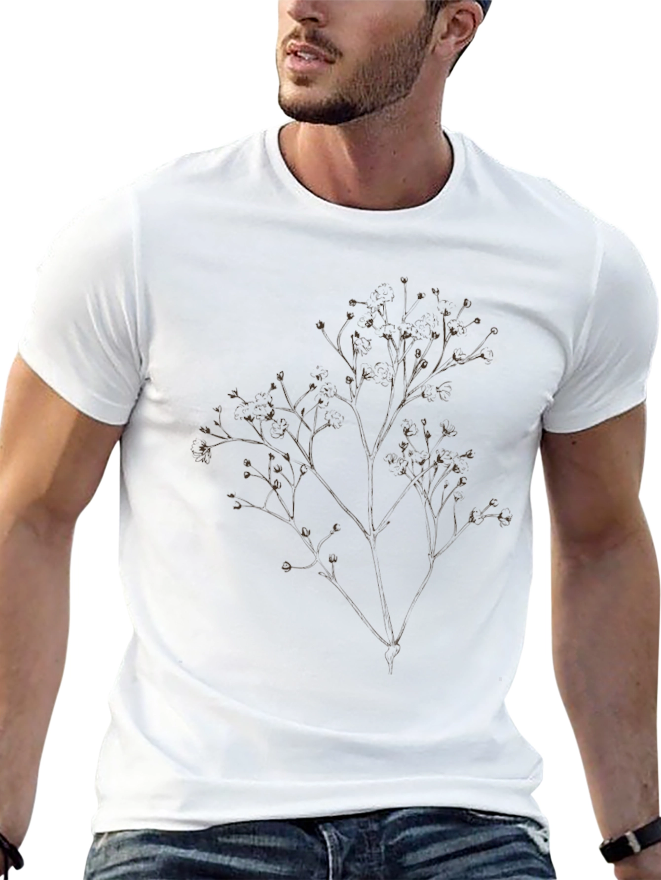 Mens Black T-Shirt with Botanical Branch Design
