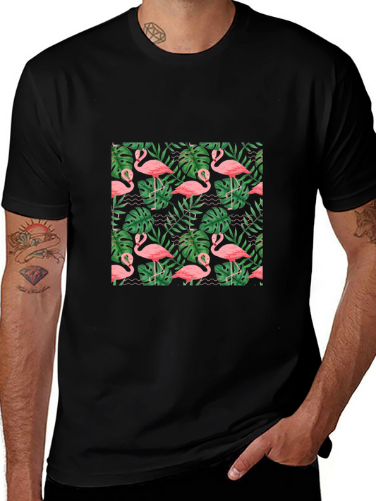 Tropical Flamingo Print Black T-Shirt