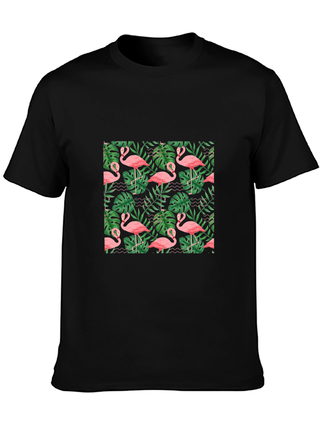 Tropical Flamingo Print Black T-Shirt