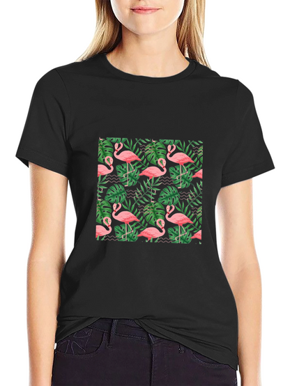 Tropical Flamingo Print Black T-Shirt