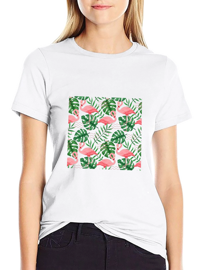 Tropical Flamingo Print Black T-Shirt
