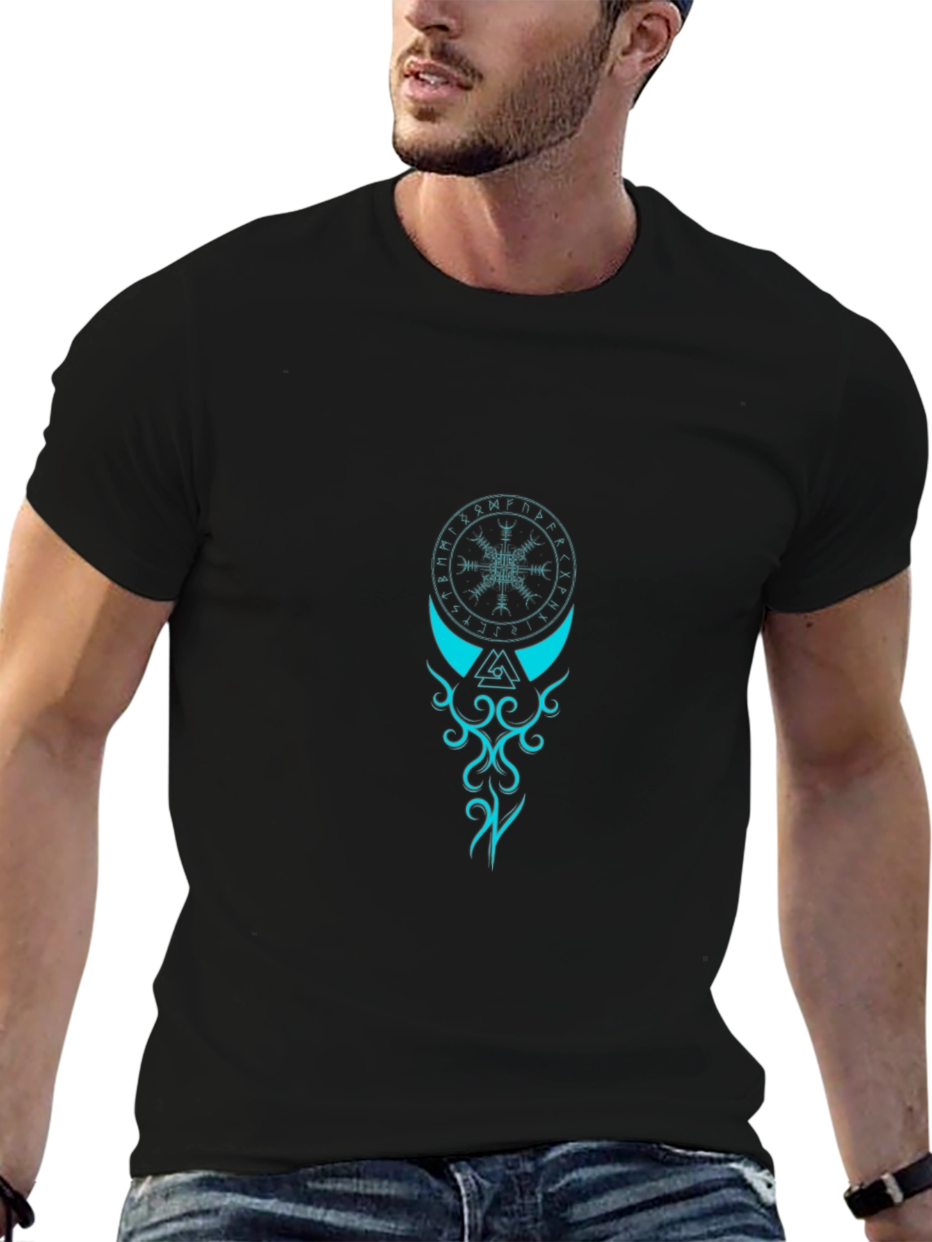 Black T-Shirt with Teal Viking Symbol Graphic