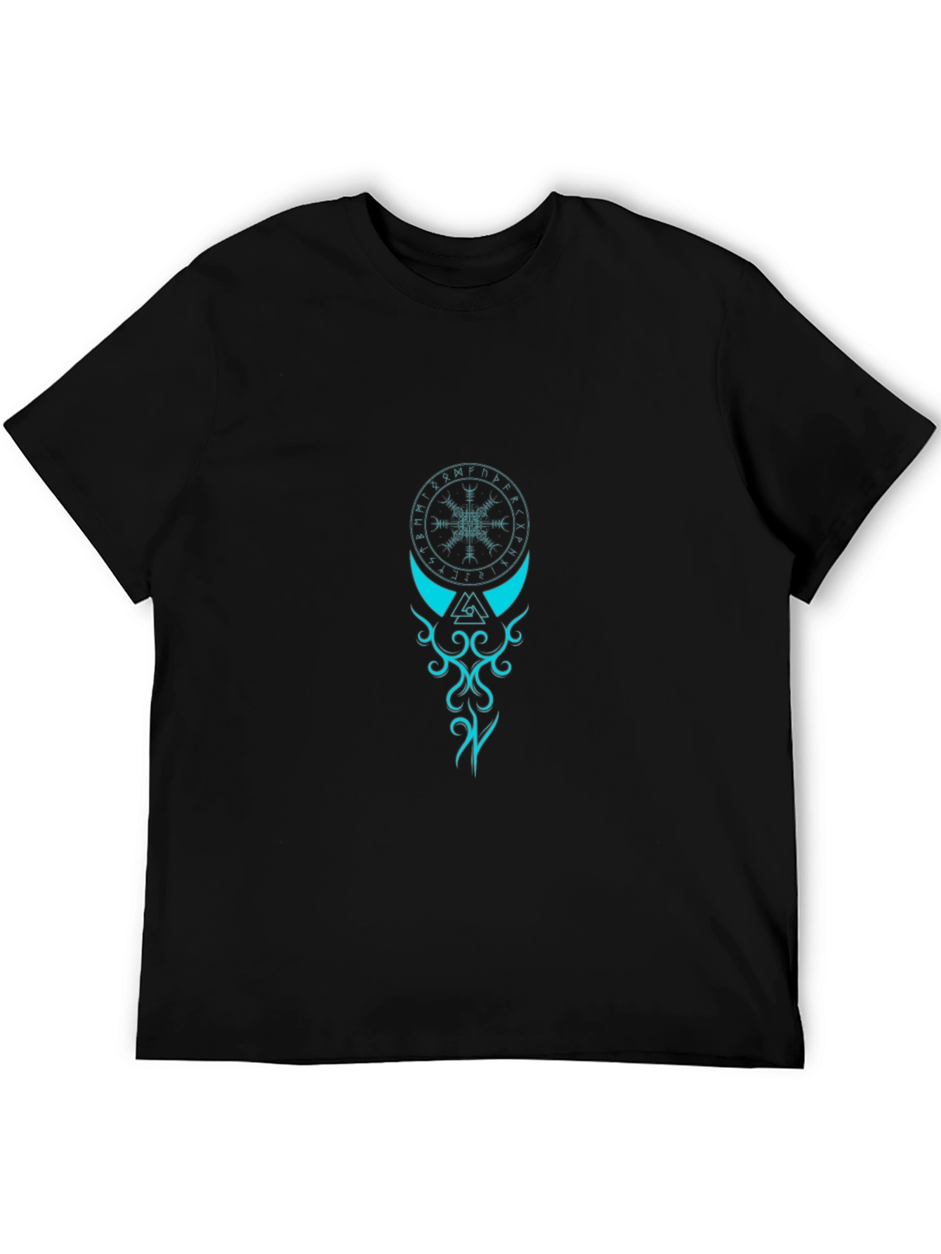 Black T-Shirt with Teal Viking Symbol Graphic