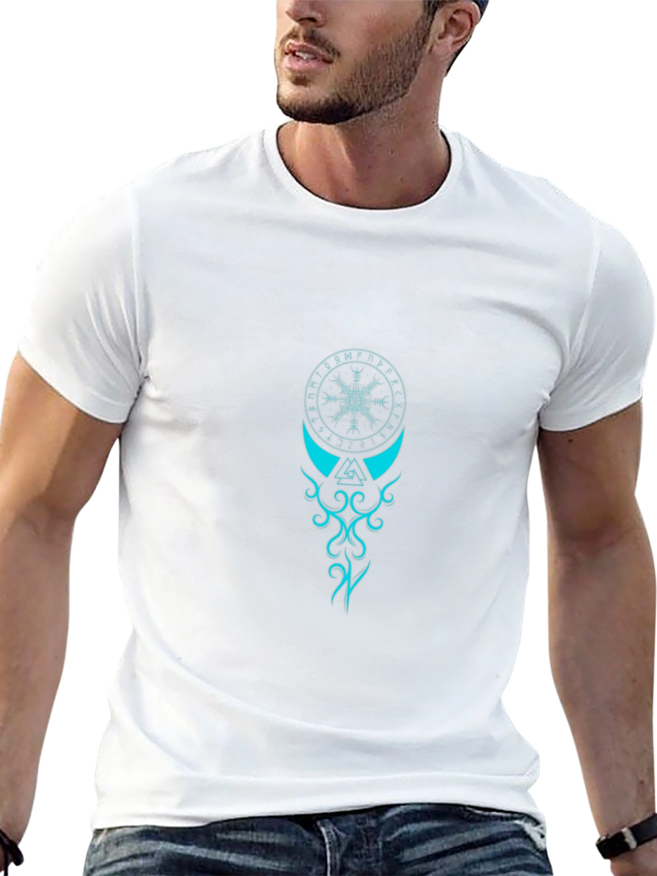 Black T-Shirt with Teal Viking Symbol Graphic
