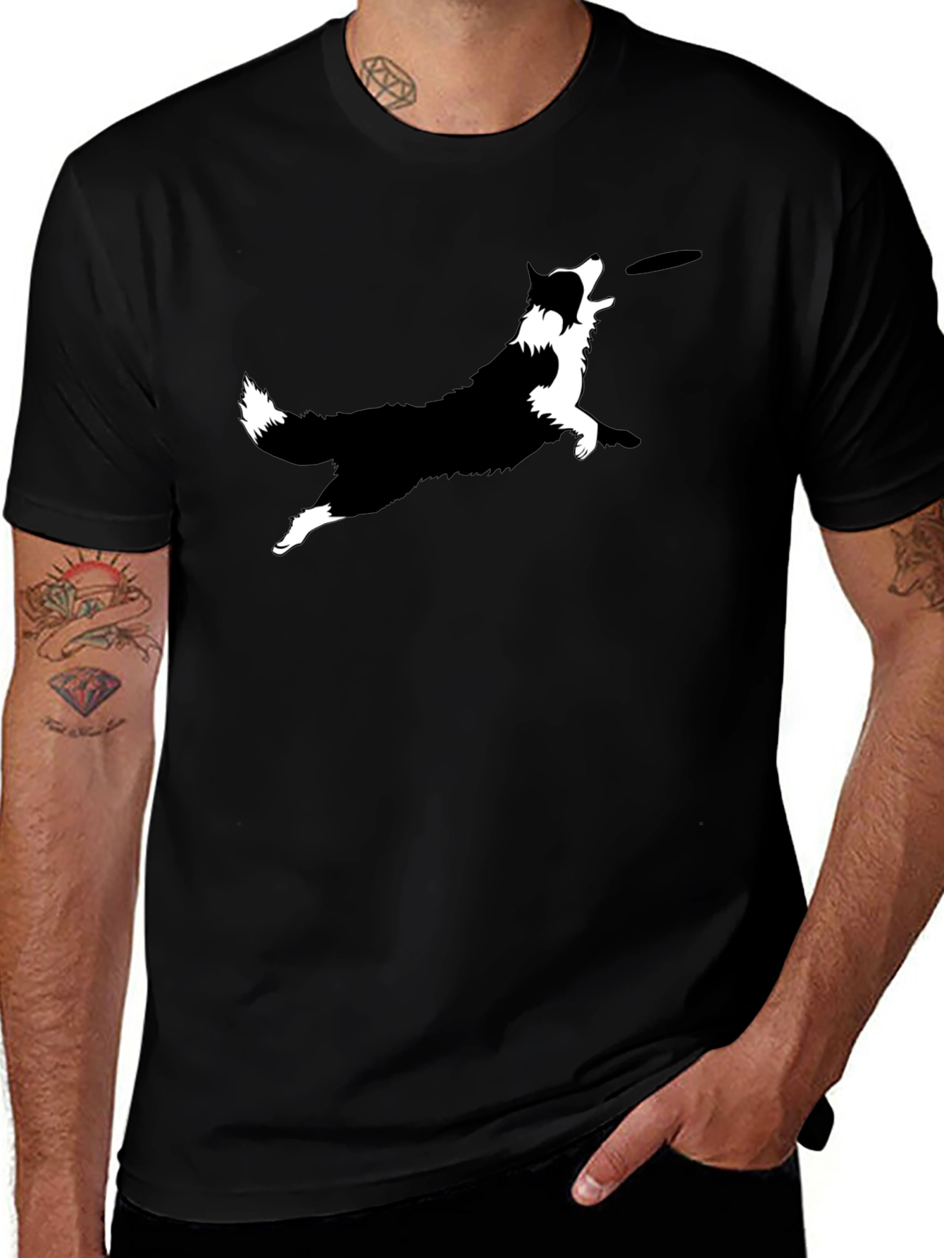 Dog Frisbee Graphic Tee - Black Cotton T-Shirt
