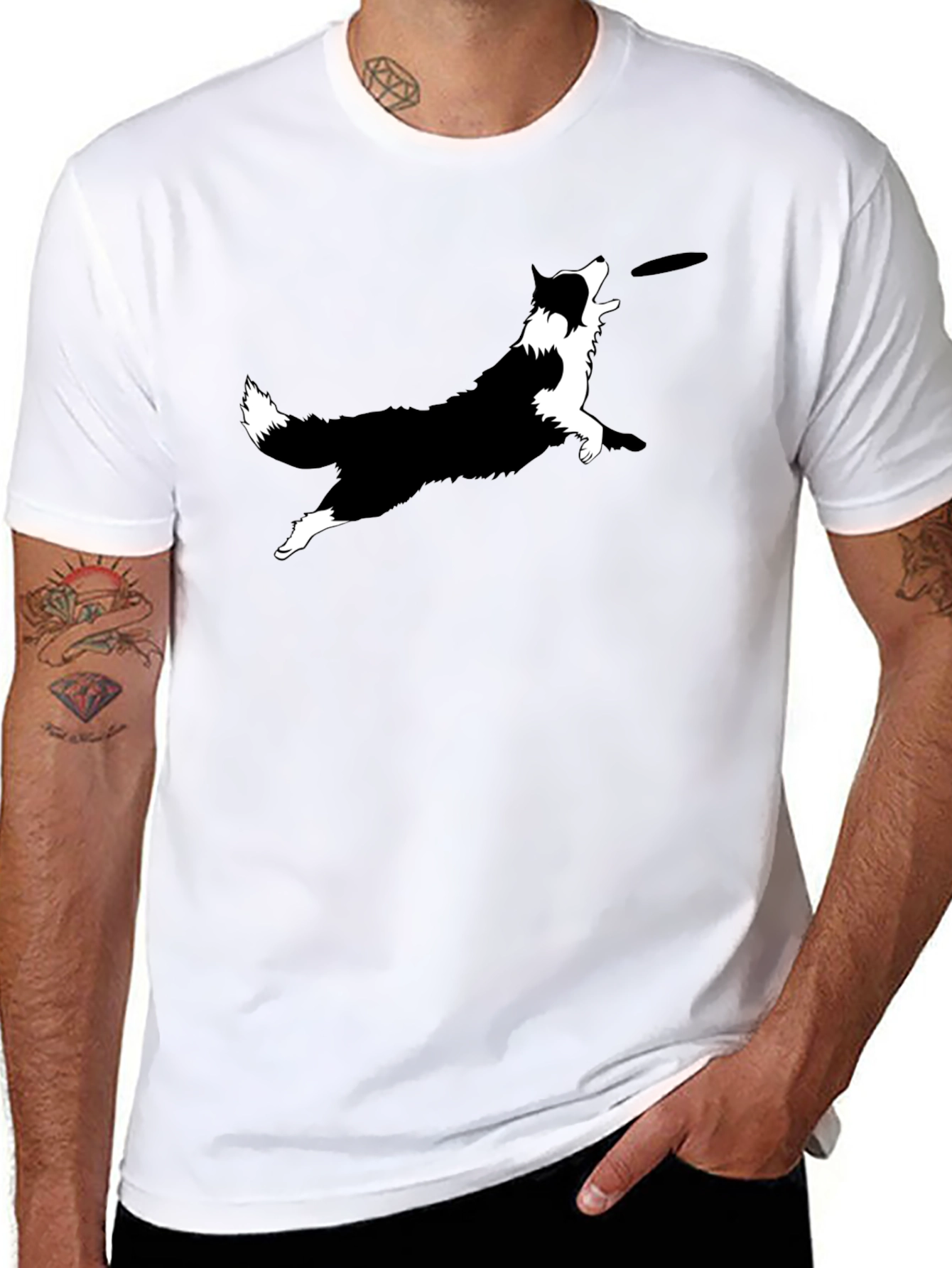 Dog Frisbee Graphic Tee - Black Cotton T-Shirt