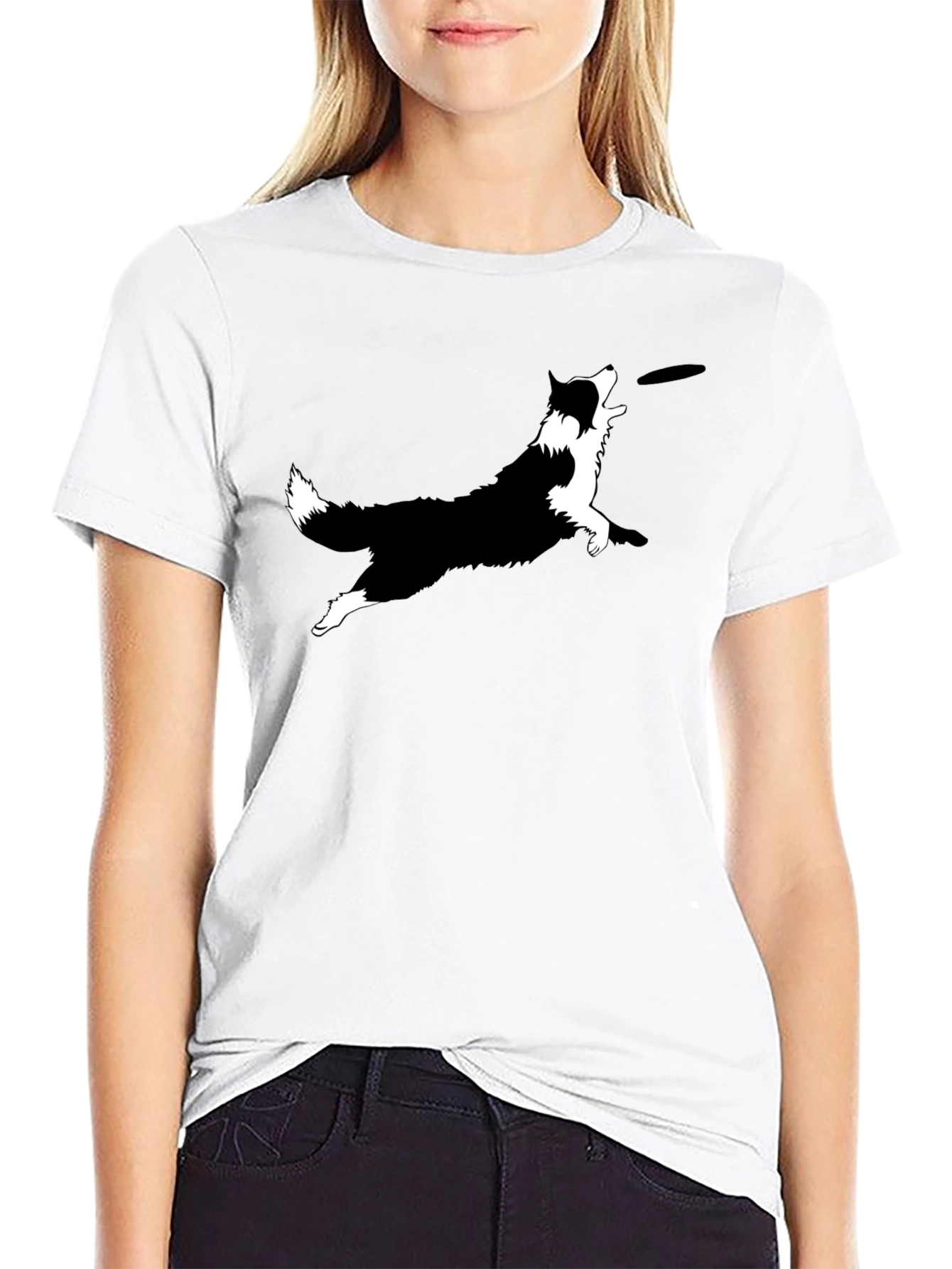 Dog Frisbee Graphic Tee - Black Cotton T-Shirt