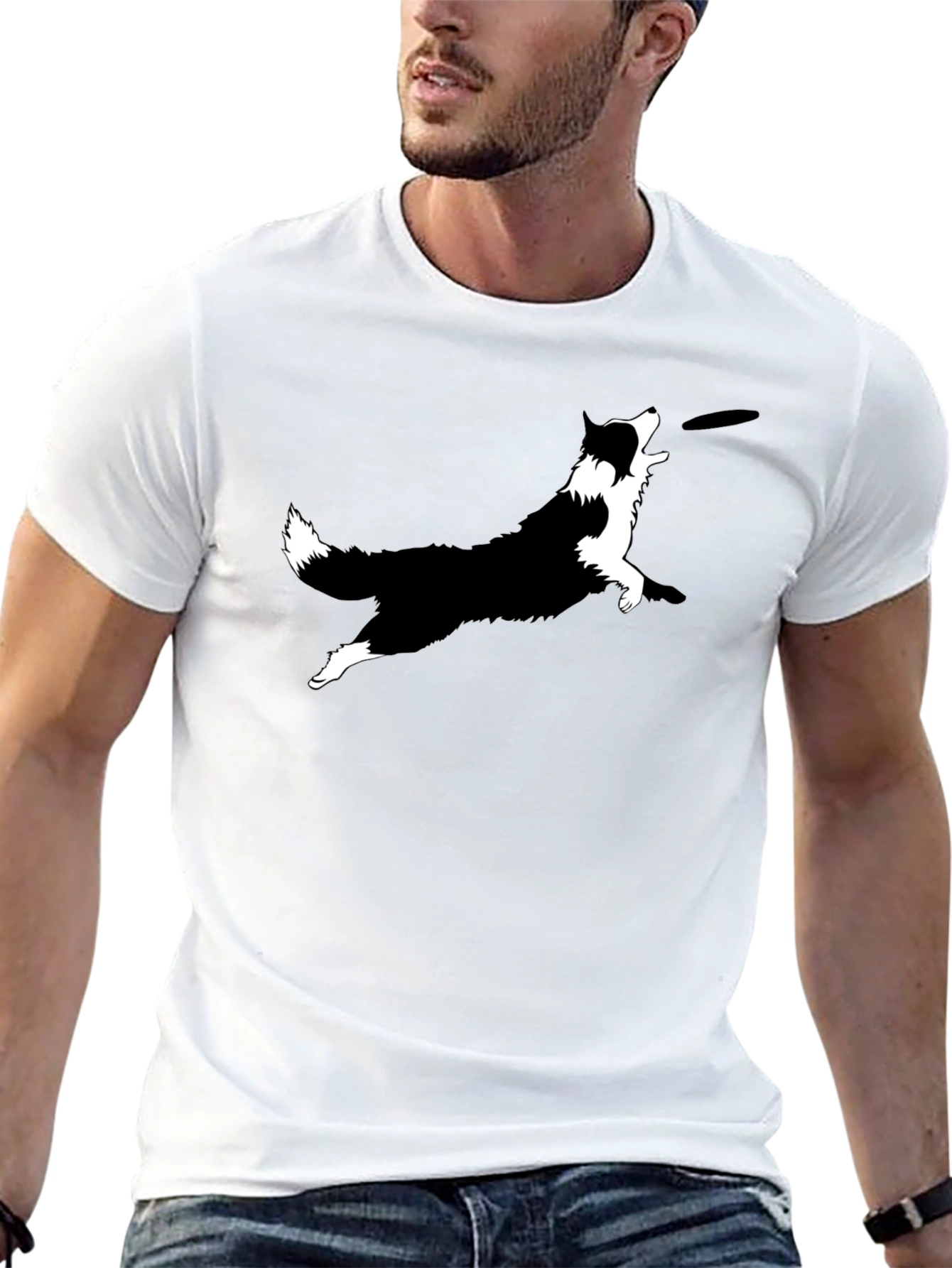Dog Frisbee Graphic Tee - Black Cotton T-Shirt