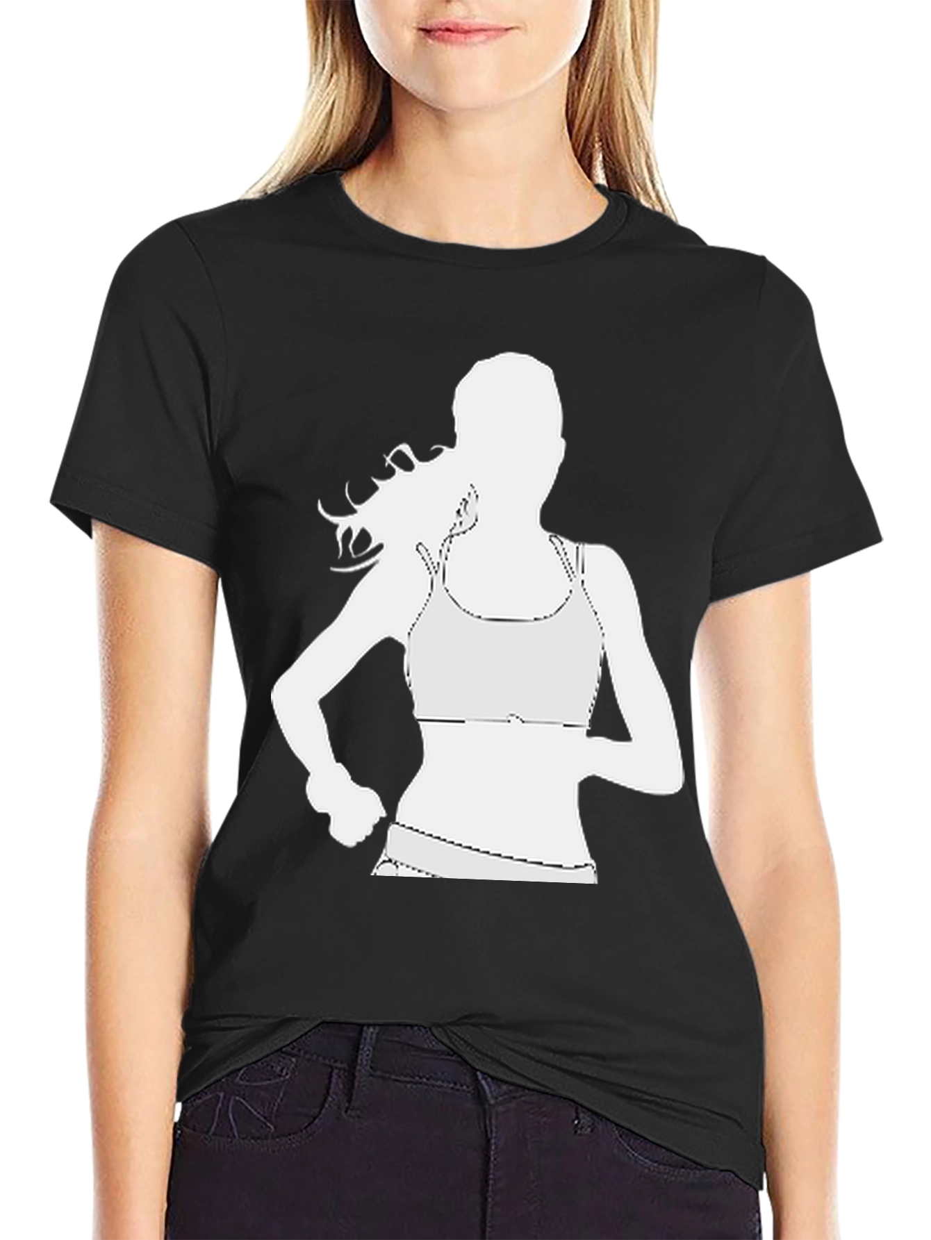 Running Woman Graphic Tee - Black Cotton Casual Shirt