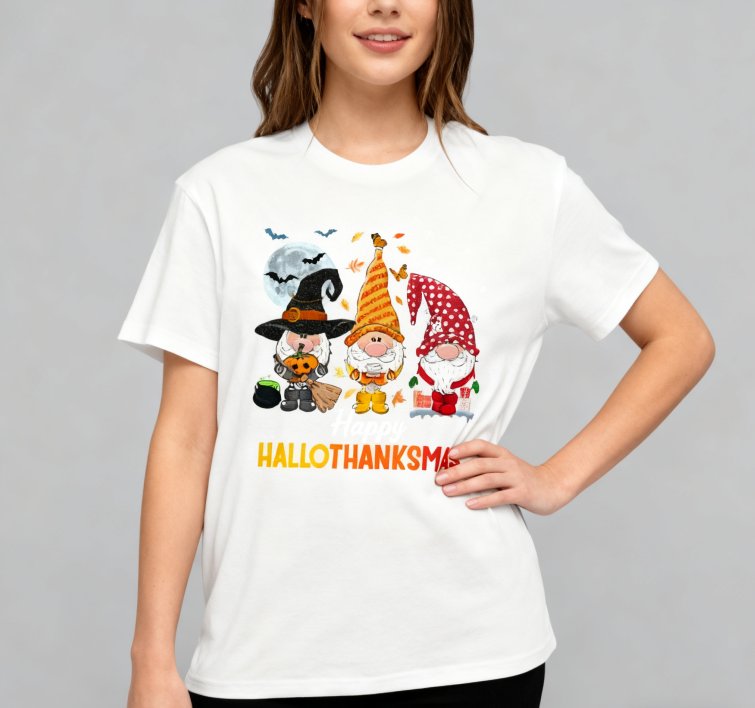 Happy HalloThanksMas Gnome T-Shirt - 100% Cotton, Festive Tee for Halloween, Thanksgiving & Christmas Celebrations