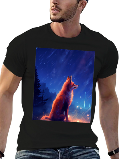 Fox in Starlight Black T-Shirt - Artistic Design
