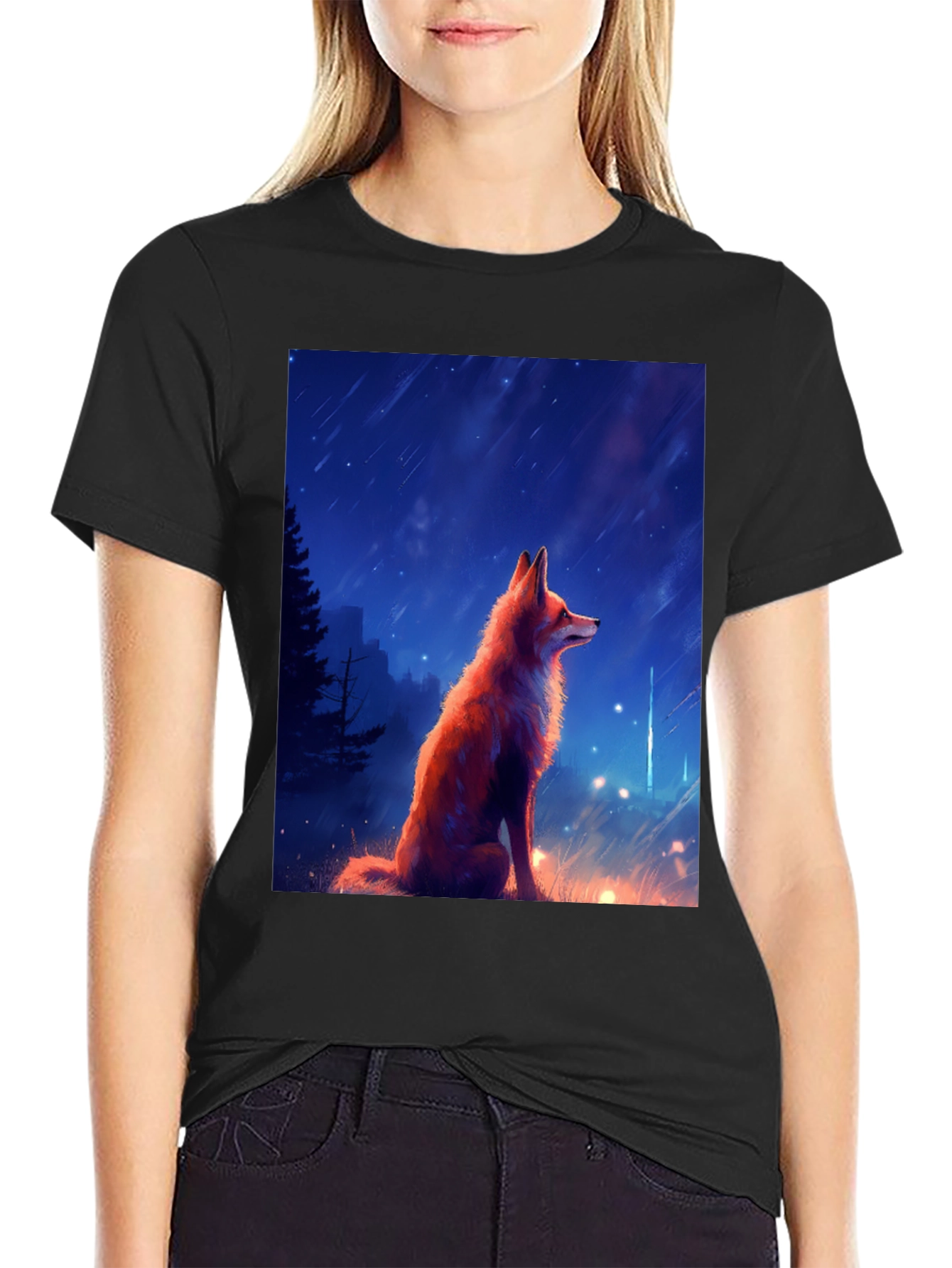 Fox in Starlight Black T-Shirt - Artistic Design