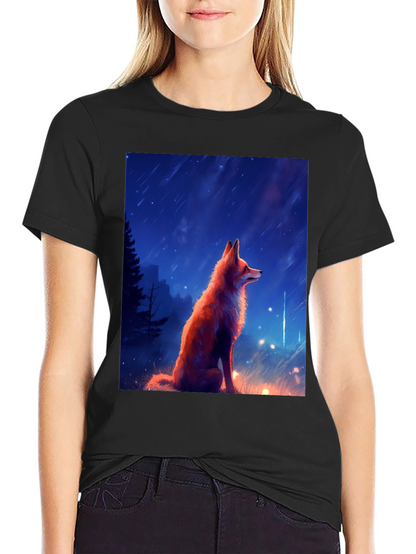 Fox in Starlight Black T-Shirt - Artistic Design