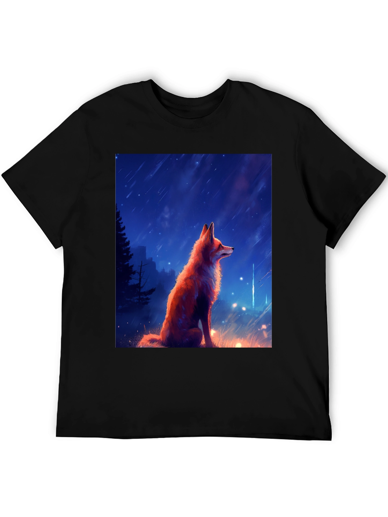 Fox in Starlight Black T-Shirt - Artistic Design