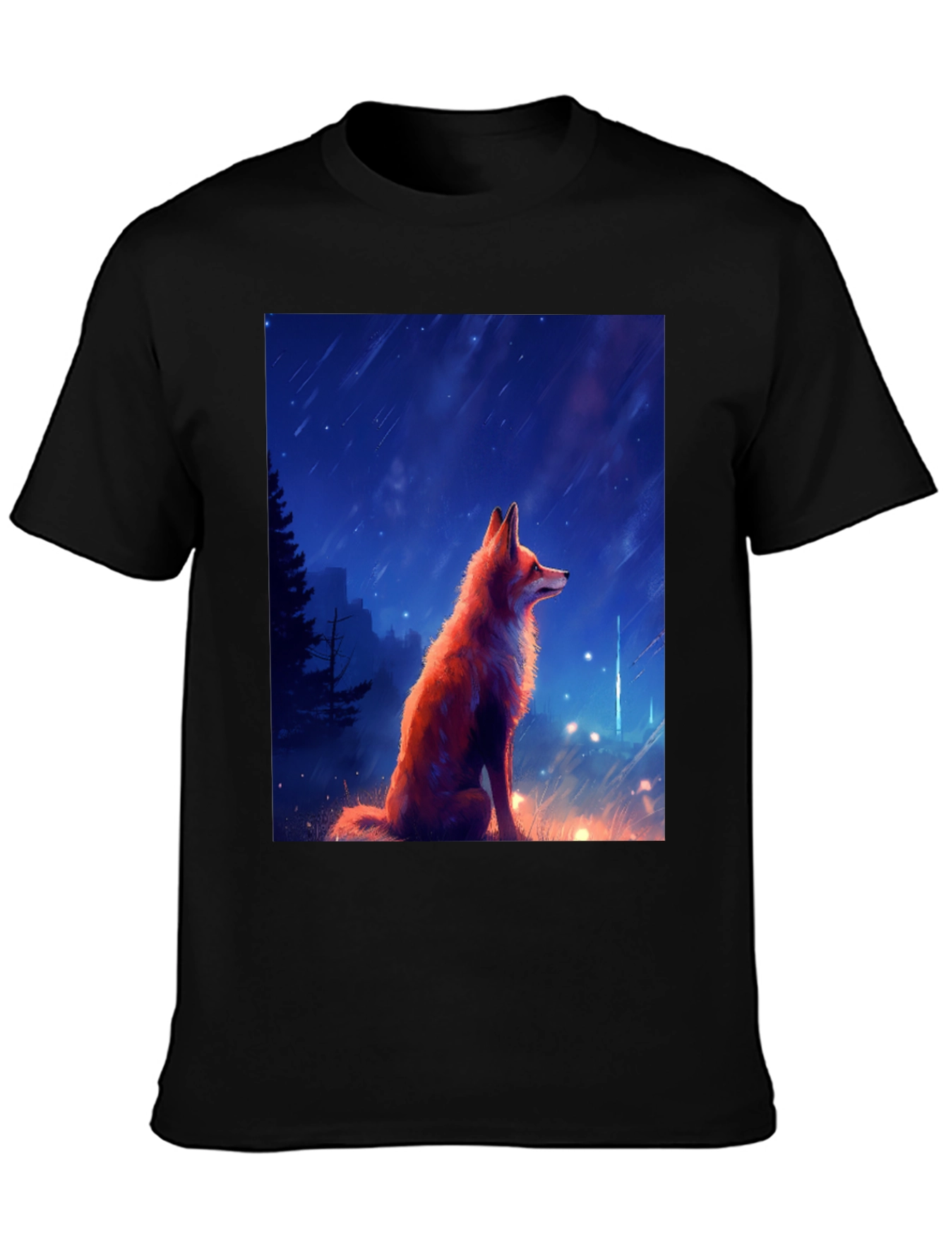 Fox in Starlight Black T-Shirt - Artistic Design