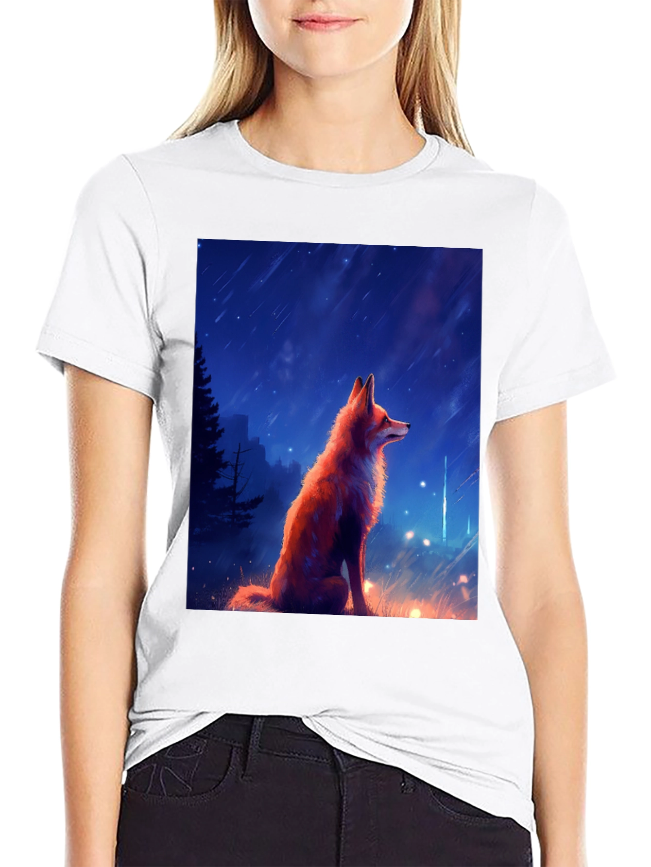 Fox in Starlight Black T-Shirt - Artistic Design
