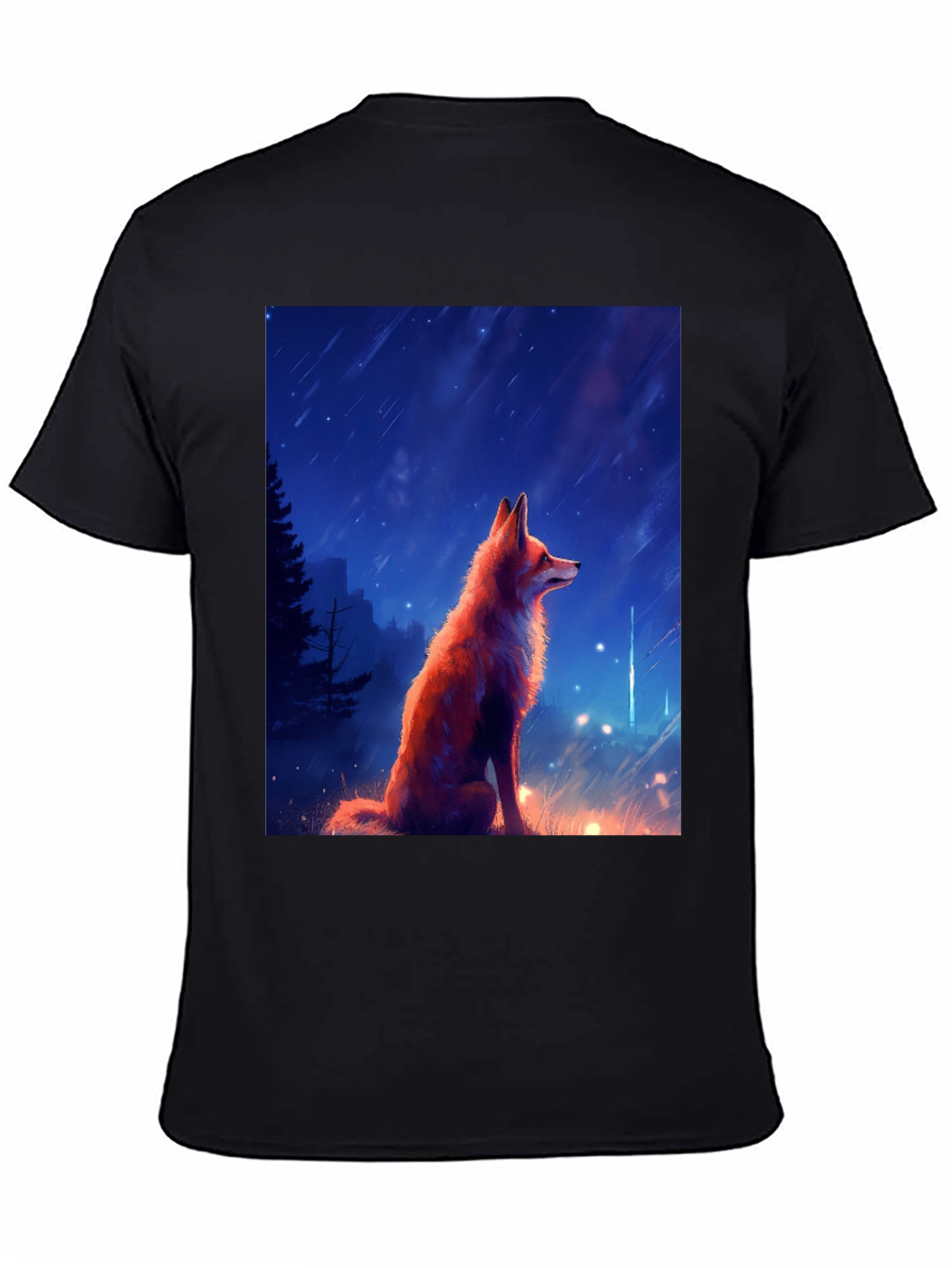 Fox in Starlight Black T-Shirt - Artistic Design