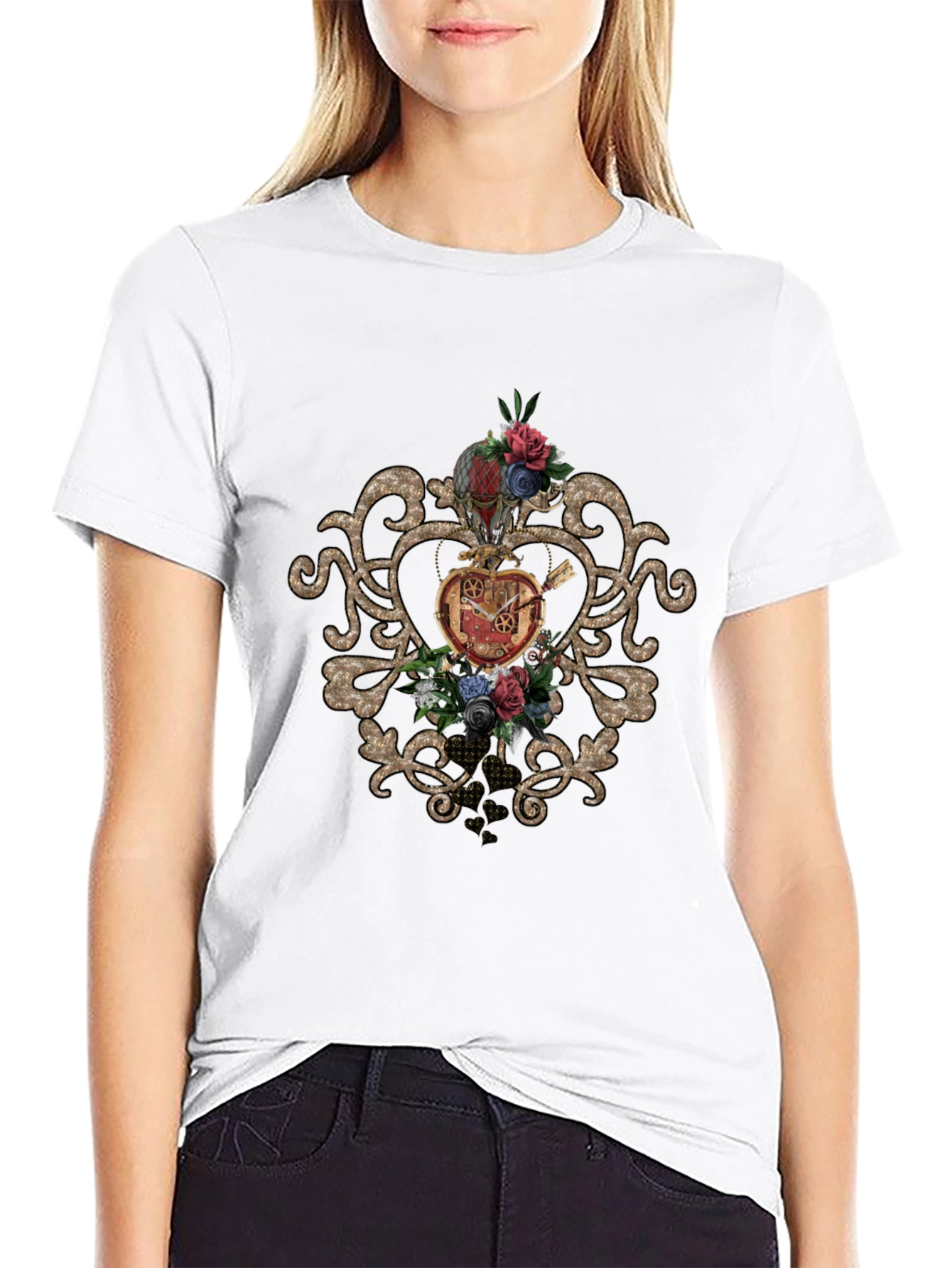 Steampunk Heart & Floral Graphic Black Tee