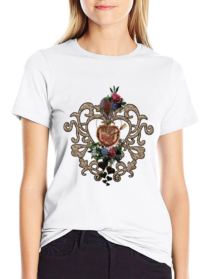 Steampunk Heart & Floral Graphic Black Tee