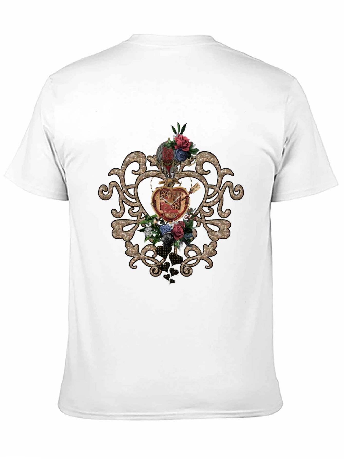 Steampunk Heart & Floral Graphic Black Tee