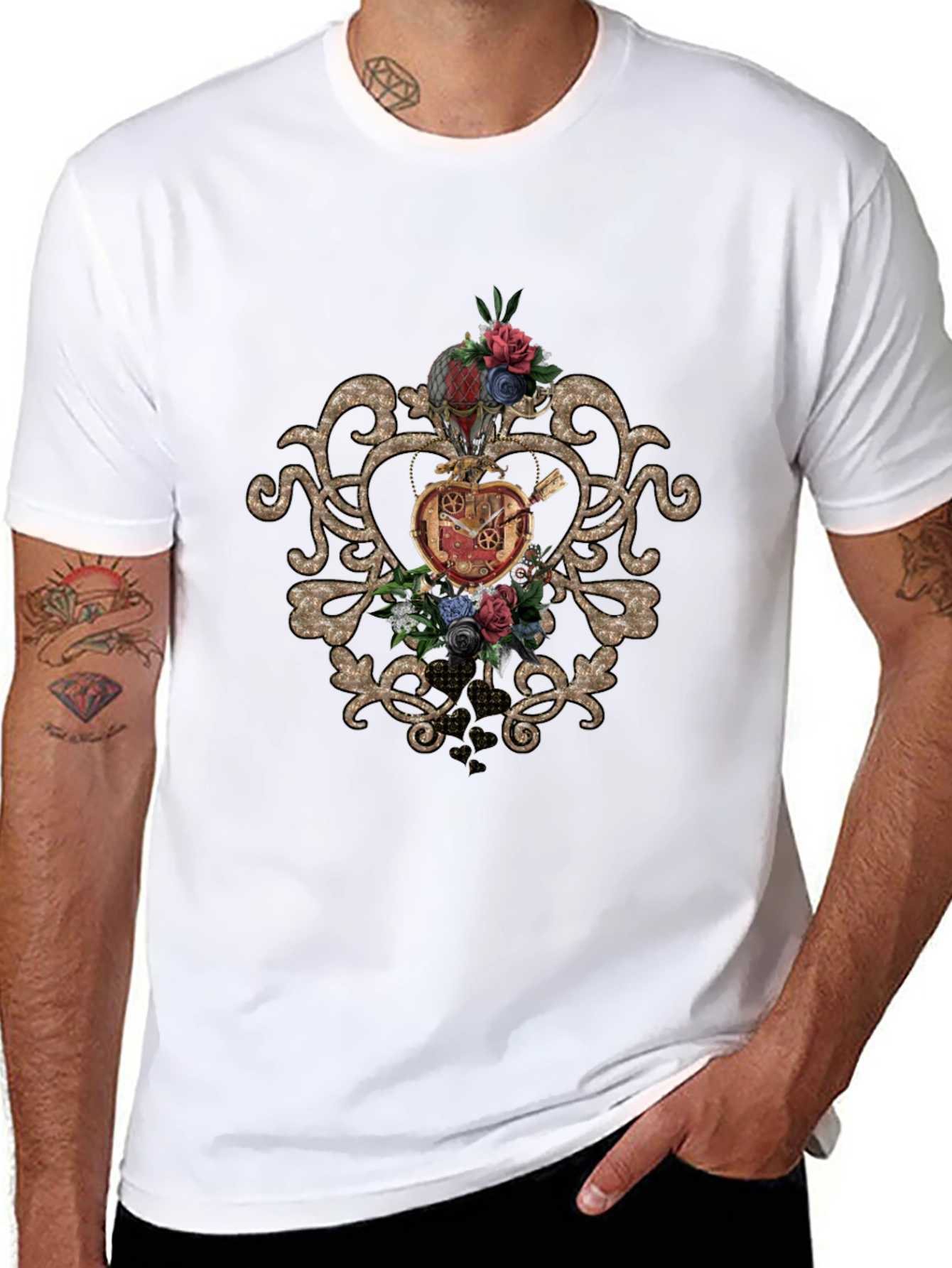 Steampunk Heart & Floral Graphic Black Tee