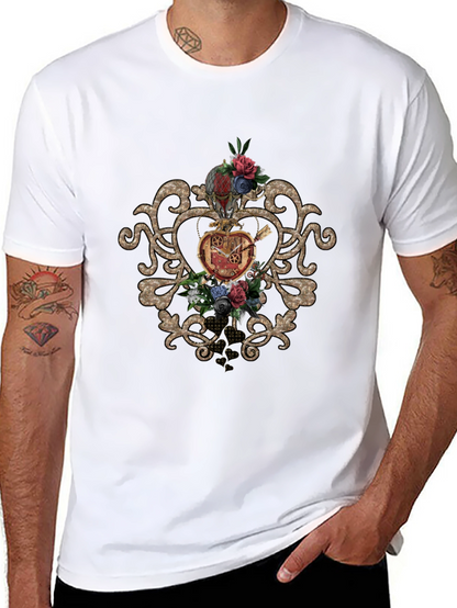 Steampunk Heart & Floral Graphic Black Tee