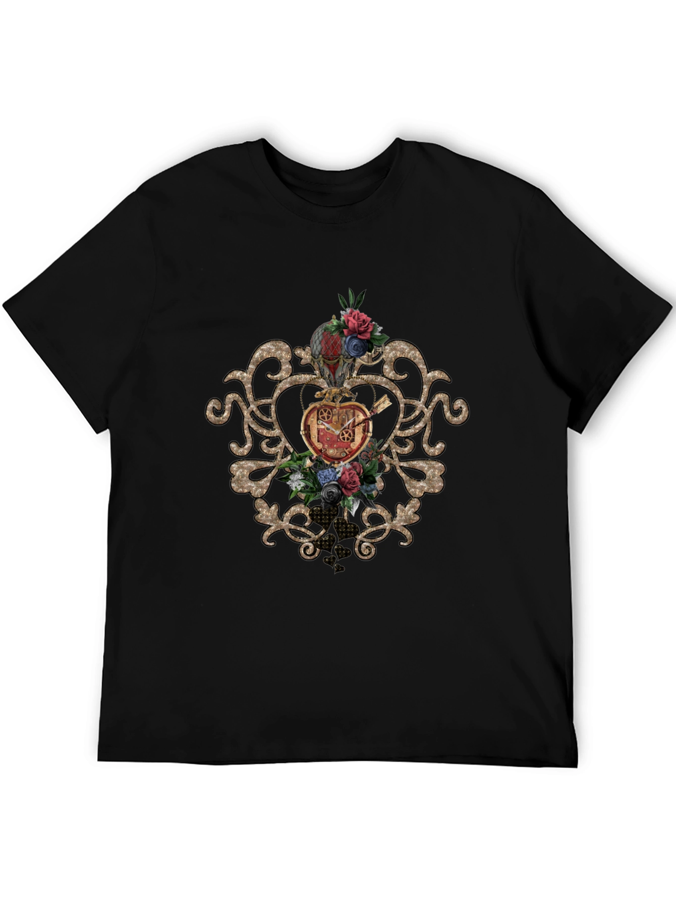 Steampunk Heart & Floral Graphic Black Tee