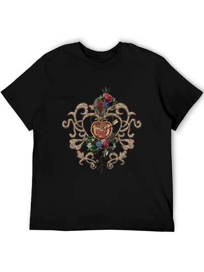 Steampunk Heart & Floral Graphic Black Tee