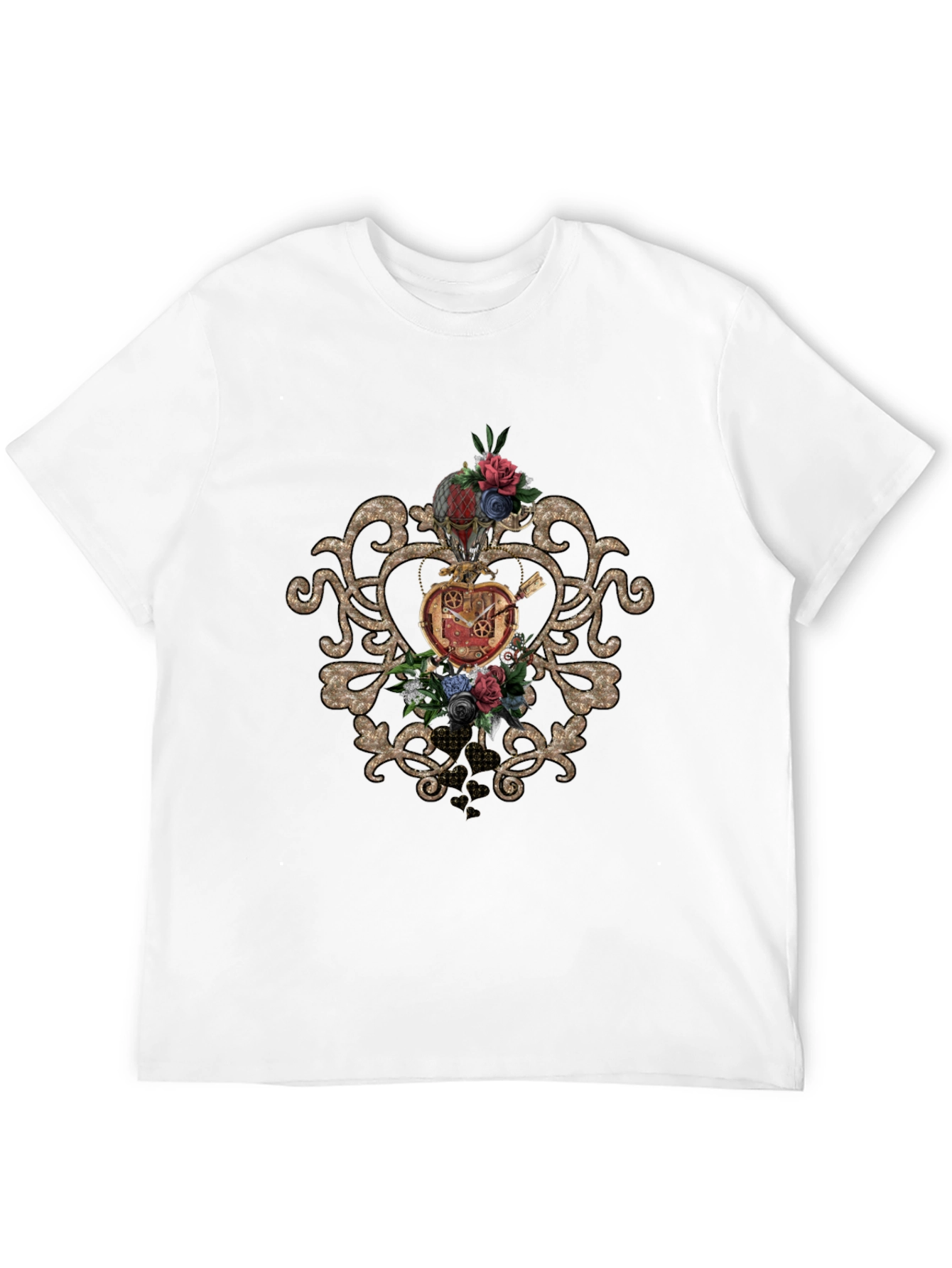 Steampunk Heart & Floral Graphic Black Tee
