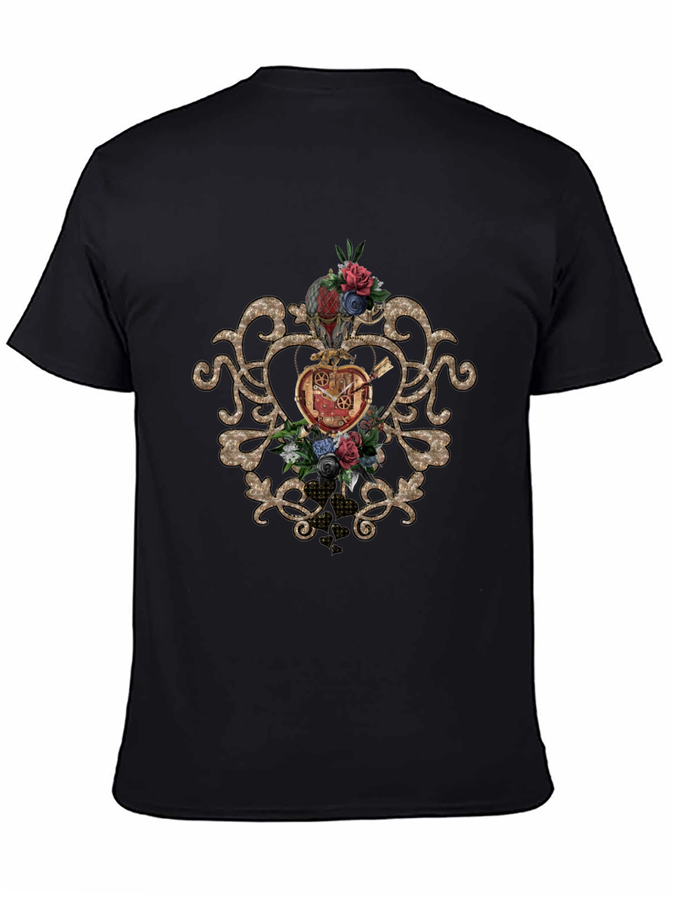 Steampunk Heart & Floral Graphic Black Tee