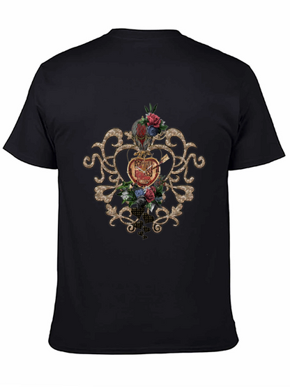 Steampunk Heart & Floral Graphic Black Tee