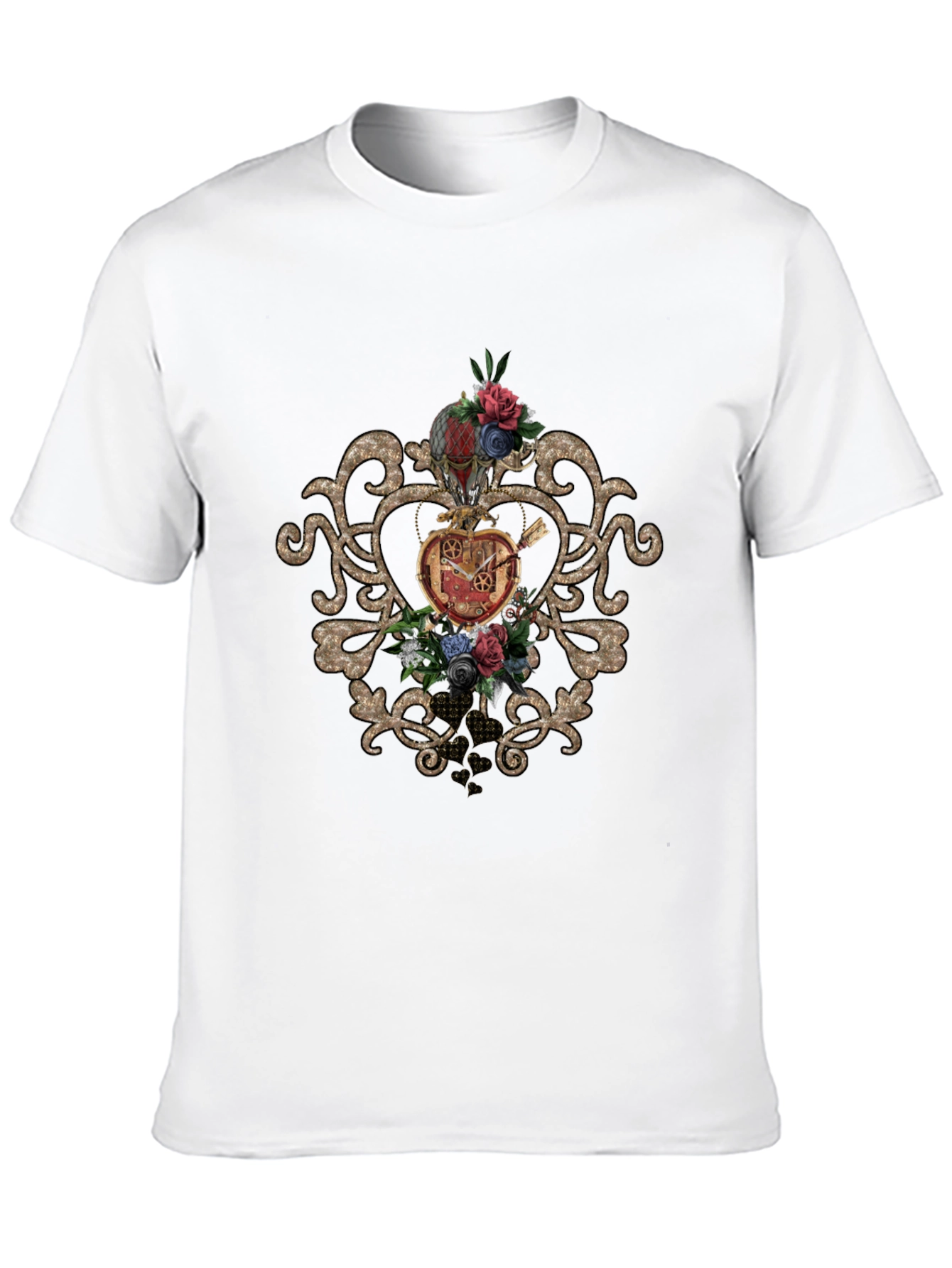 Steampunk Heart & Floral Graphic Black Tee