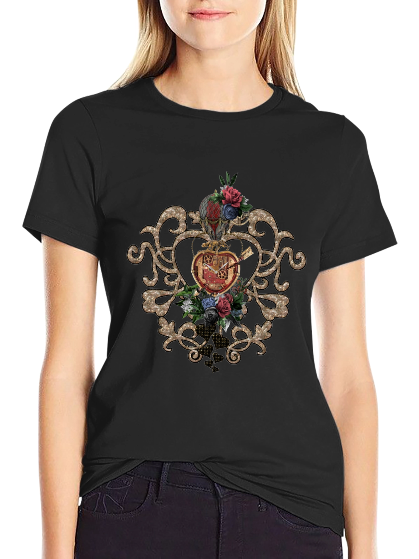 Steampunk Heart & Floral Graphic Black Tee