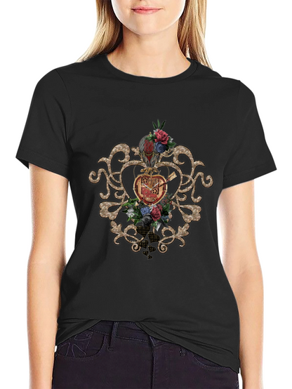 Steampunk Heart & Floral Graphic Black Tee