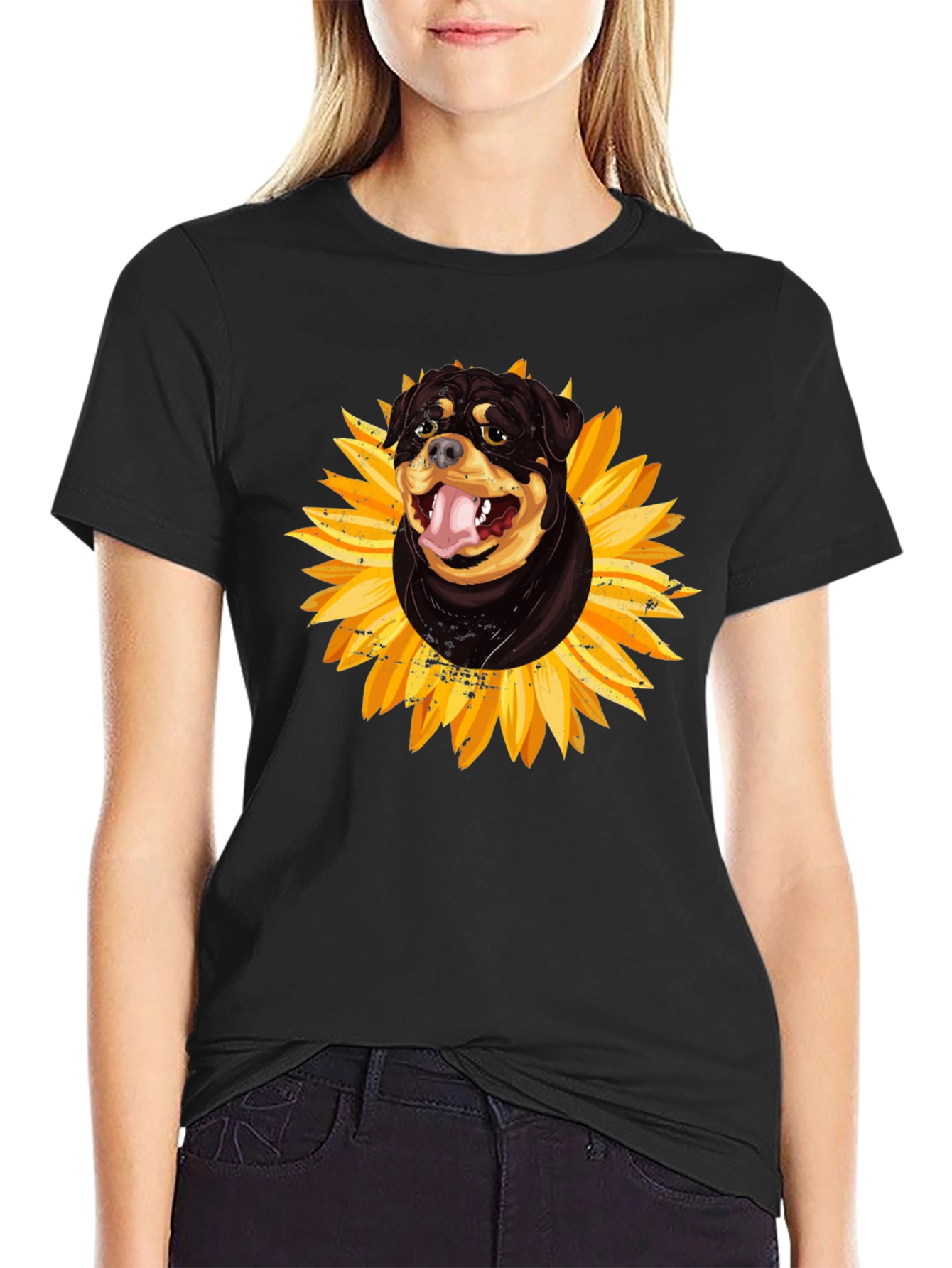 Rottweiler Sunflower Graphic Tee - Black